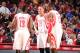 HOUSTON, TX - FEBRUARY 1: Dwight Howard #12, Chandler Parsons #25 and James Harden #13 of the Houston Rockets talk during the game against the Cleveland Cavaliers on February 1, 2014 at the Toyota Center in Houston, Texas. NOTE TO USER: User expressly acknowledges and agrees that, by downloading and or using this photograph, User is consenting to the terms and conditions of the Getty Images License Agreement. Mandatory Copyright Notice: Copyright 2014 NBAE (Photo by Bill Baptist/NBAE via Getty Images)