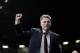 Manchester United manager David Moyes celebrates after his team's 3-0 Champions League last 16 second leg soccer match win against Olympiakos at Old Trafford Stadium, Manchester, England, Wednesday, March 19, 2014. (AP Photo/Jon Super)