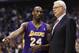 Los Angeles Lakers' Kobe Bryant (24) and head coach Phil Jackson, right, during Game 4 of a second-round NBA playoff basketball series against the Dallas Mavericks, Sunday, May 8, 2011, in Dallas. The Mavericks won 122-86. (AP Photo/Tony Gutierrez)