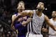 Mar 14, 2014; San Antonio, TX, USA; San Antonio Spurs forward Tim Duncan (21) and Los Angeles Lakers center Pau Gasol (left) battle for rebounding position during the first half at AT&T Center. Mandatory Credit: Soobum Im-USA TODAY Sports