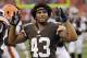 Cleveland Browns defensive back T.J. Ward (43) gestures on the sidelines in the third quarter of a preseason NFL football game against the St. Louis Rams Thursday, Aug. 8, 2013, in Cleveland. (AP Photo/Mark Duncan)