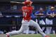 St. Louis Cardinals' Stephen Piscotty hits a double in the second inning of an exhibition spring training baseball game against the New York Mets, Wednesday, March 12, 2014, in Port St. Lucie, Fla. (AP Photo/David Goldman)