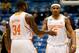 DAYTON, OH - MARCH 19: Jarnell Stokes #5 and Jeronne Maymon #34 of the Tennessee Volunteers celebrate after defeating the Iowa Hawkeyes 78-65 in overtime in the first round of the 2014 NCAA Men's Basketball Tournament at UD Arena on March 19, 2014 in Dayton, Ohio. (Photo by Gregory Shamus/Getty Images)