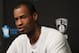 Mar 3, 2014; Brooklyn, NY, USA; Brooklyn Nets center Jason Collins answers questions from media before the game against the Chicago Bulls at Barclays Center. Mandatory Credit: Noah K. Murray-USA TODAY Sports
