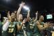 Mar 20, 2014; Spokane, WA, USA; North Dakota State Bison guard Carlin Dupree (13), guard Mike Felt (3), guard Lawrence Alexander (12), and guard Kory Brown (22) celebrate after overtime a men's college basketball game during the second round of the 2014 NCAA Tournament against the Oklahoma Sooners at Veterans Memorial Arena. The Bison defeated the Sooners 80-75. Mandatory Credit: James Snook-USA TODAY Sports