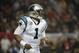 Carolina Panthers quarterback Cam Newton (1) works against the Atlanta Falcons during the first half of an NFL football game, Sunday, Dec. 29, 2013, in Atlanta. (AP Photo/Dave Martin)