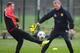 MANCHESTER, ENGLAND - MARCH 18: David Moyes of Manchester United challenges Wayne Rooney during a training session at Aon Training Complex on March 18, 2014 in Manchester, England. (Photo by Laurence Griffiths/Getty Images)