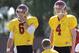 Southern California quarterback Cody Kessler, left, stands next to quarterback Max Browne during NCAA college football practice on Tuesday, Aug. 6, 2013, in Los Angeles. (AP Photo/Jae C. Hong)