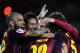 FC Barcelona's Daniel Alves, from Brazil, left, and Neymar, from Brazil, second left, celebrate a goal against Almeria during a Spanish La Liga soccer match at the Camp Nou stadium in Barcelona, Spain, Sunday, March 2, 2014. (AP Photo/Manu Fernandez)