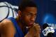 Mar 20, 2014; Raleigh, NC, USA; Duke Blue Devils forward Jabari Parker (1) speaks during a press conference during practice before the second round of the 2014 NCAA Tournament at PNC Arena. Mandatory Credit: Rob Kinnan-USA TODAY Sports