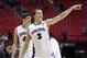 Mar 21, 2014; San Diego, CA, USA; Gonzaga Bulldogs guard Kyle Dranginis (3) and guard/forward Drew Barham (43) leave the court after defeating Oklahoma State Cowboys in a men's college basketball game during the second round of the 2014 NCAA Tournament at Viejas Arena. Mandatory Credit: Christopher Hanewinckel-USA TODAY Sports