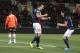 Paris Saint Germain's Zlatan Ibrahimovic, center, and Edison Cavanni, right, jubilate after the first goal during their French League one soccer match, in Lorient, western France, Friday, March 21, 2014. (AP Photo/David Vincent)