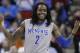 Memphis forward Shaq Goodwin (2) celebrates after the second half of an NCAA college basketball second-round tournament game against George Washington, Friday, March 21, 2014, in Raleigh. Memphis won 71-66. (AP Photo/Gerry Broome)