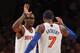NEW YORK, NY - JANUARY 03: Amar'e Stoudemire #1 and Carmelo Anthony #7 of the New York Knicks celebrate a basket late in the game against the San Antonio Spurs at Madison Square Garden on January 3, 2013 in New York City. NOTE TO USER: User expressly acknowledges and agrees that, by downloading and/or using this photograph, user is consenting to the terms and conditions of the Getty Images License Agreement. The Knicks fdefeated the Spurs 100-83. (Photo by Bruce Bennett/Getty Images)