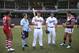The Los Angeles Dodgers' Clayton Kershaw, second right, and Arizona Diamondbacks' Paul Goldschmidt, center, meet local sporting stars, Adam Goodes from Australian rules Football, left, soccer player Alessandro Del Piero, second left, and rugby league player Sonny Bill Williams, right, at the Sydney Cricket Ground in Sydney, Wednesday, March 19, 2014. The MLB season-opening two-game series between the Dodgers and Diamondbacks in Sydney will be played this weekend. (AP Photo/Rick Rycroft)