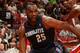 MIAMI, FL - March 3: Al Jefferson #25 of the Charlotte Bobcats drives to the basket against the Miami Heat at the American Airlines Arena in Miami, Florida on Mar. 3, 2014. NOTE TO USER: User expressly acknowledges and agrees that, by downloading and/or using this photograph, user is consenting to the terms and conditions of the Getty Images License Agreement. Mandatory copyright notice: Copyright NBAE 2014 (Photo by Oscar Baldizon/NBAE via Getty Images)