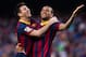 BARCELONA, SPAIN - MARCH 16: Lionel Messi of FC Barcelona celebrates with his teammate Daniel Alves after scoring his team's sixth goal during the La Liga match between FC Barcelona and CA Osasuna at Camp Nou on March 16, 2014 in Barcelona, Spain. (Photo by Alex Caparros/Getty Images)