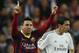 Barcelona's Lionel Messi from Argentina, left, celebrates his goal next Real's Angel Di Maria, right, during a Spanish La Liga soccer match between Real Madrid and FC Barcelona at the Santiago Bernabeu stadium in Madrid, Spain, Sunday, March 23, 2014. (AP Photo/Andres Kudacki)