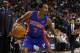 Mar 12, 2014; Toronto, Ontario, CAN; Detroit Pistons guard Brandon Jennings (7) controls the ball against Toronto Raptors guard/forward John Salmons (25) during the second half at the Air Canada Centre. Toronto defeated Detroit 101-87. Mandatory Credit: John E. Sokolowski-USA TODAY Sports