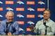 Jan 14, 2013; Englewood, CO, USA; Denver Broncos head coach John Fox (left) and executive vice president of football operations John Elway (right) during the press conference following the loss in the AFC divisional round playoff game at the teams training facility. Mandatory Credit: Ron Chenoy-USA TODAY Sports