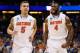 ORLANDO, FL - MARCH 22: Scottie Wilbekin #5 and Patric Young #4 of the Florida Gators celebrate after Wilbekin makes a three-pointer to end the first half against the Pittsburgh Panthers during the third round of the 2014 NCAA Men's Basketball Tournament at Amway Center on March 22, 2014 in Orlando, Florida. (Photo by Kevin C. Cox/Getty Images)