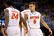ORLANDO, FL - MARCH 22: Scottie Wilbekin #5 of the Florida Gators reacts with Casey Prather #24 after making a three-pointer in the second half against the Pittsburgh Panthers in the second half during the third round of the 2014 NCAA Men's Basketball Tournament at Amway Center on March 22, 2014 in Orlando, Florida. (Photo by Kevin C. Cox/Getty Images)