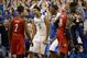 Dec 28, 2013; Lexington, KY, USA; Kentucky Wildcats guard Andrew Harrison (5) and forward Alex Poythress (22) react during the second half against the Louisville Cardinals at Rupp Arena. Kentucky defeated Louisville 73-66. Mandatory Credit: Jamie Rhodes-USA TODAY Sports