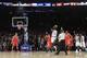 New York Knicks' Carmelo Anthony (7) shoots over Houston Rockets' James Harden (13) during the second half of an NBA basketball game Thursday, Nov. 14, 2013, in New York. The Rockets won 109-106. Harden fouled Anthony on the play. (AP Photo/Frank Franklin II)