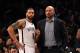 Mar 10, 2014; Brooklyn, NY, USA; Brooklyn Nets head coach Jason Kidd talks with point guard Deron Williams (8) during a break in action against the Toronto Raptors during the third quarter at the Barclays Center. The Brooklyn Nets defeated the Toronto Raptors 101-97. Mandatory Credit: Adam Hunger-USA TODAY Sports