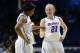 Mar 10, 2014; Rosemont, IL, USA; DePaul Blue Demons guard Megan Rogowski (21) reacts with forward Jasmine Penny (31) during the second half at Allstate Arena. DePaul defeats Marquette 100-90. Mandatory Credit: Mike DiNovo-USA TODAY Sports