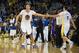 Nov 2, 2013; Oakland, CA, USA; Golden State Warriors shooting guard Klay Thompson (11) high fives power forward David Lee (10) after scoring a three point basket against the Sacramento Kings during the second quarter at Oracle Arena. Mandatory Credit: Kelley L Cox-USA TODAY Sports