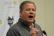 Notre Dame football coach Brian Kelly talks to the media as spring football practice begins Friday, Feb. 28, 2014 in South Bend, Ind. (AP Photo/Joe Raymond)
