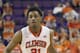 Mar 2, 2014; Clemson, SC, USA; Clemson Tigers guard Damarcus Harrison (21) looks to pass the ball during first overtime against the Maryland Terrapins at J.C. Littlejohn Coliseum. Tigers won 77-73. Mandatory Credit: Joshua S. Kelly-USA TODAY Sports