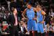 SAN ANTONIO, TX - DECEMBER 21: Scott Brooks, Kevin Durant #35 and Russell Westbrook #0 of the Oklahoma City Thunder talk during the game against the San Antonio Spurs on December 21, 2013 at AT&T Arena in San Antonio Texas, Texas. NOTE TO USER: User expressly acknowledges and agrees that, by downloading and or using this photograph, User is consenting to the terms and conditions of the Getty Images License Agreement. Mandatory Copyright Notice: Copyright 2013 NBAE (Photo by Bill Baptist/NBAE via Getty Images)