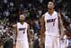 Mar 24, 2014; Miami, FL, USA; Miami Heat forward LeBron James (left) and teammate center Chris Bosh (right) during the second half against the Portland Trail Blazers at American Airlines Arena. Miami won 93-91. Mandatory Credit: Steve Mitchell-USA TODAY Sports