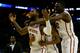 SAN ANTONIO, TX - MARCH 23: DeAndre Kane #50, Monte Morris #11 and Daniel Edozie #42 of the Iowa State Cyclones celebrate after defeating the North Carolina Tar Heels 85-83 in the third round of the 2014 NCAA Men's Basketball Tournament at the AT&T Center on March 23, 2014 in San Antonio, Texas. (Photo by Tom Pennington/Getty Images)