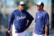 Feb 18, 2014; Lakeland, FL, USA; Detroit Tigers first baseman Miguel Cabrera (left) talks with Justin Verlander during a team practice at Joker Marchant Stadium. Mandatory Credit: Andrew Weber-USA TODAY Sports