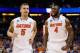 ORLANDO, FL - MARCH 22: Scottie Wilbekin #5 and Patric Young #4 of the Florida Gators celebrate after Wilbekin makes a three-pointer to end the first half against the Pittsburgh Panthers during the third round of the 2014 NCAA Men's Basketball Tournament at Amway Center on March 22, 2014 in Orlando, Florida. (Photo by Kevin C. Cox/Getty Images)