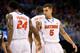 ORLANDO, FL - MARCH 22: Scottie Wilbekin #5 of the Florida Gators reacts with Casey Prather #24 after making a three-pointer in the second half against the Pittsburgh Panthers in the second half during the third round of the 2014 NCAA Men's Basketball Tournament at Amway Center on March 22, 2014 in Orlando, Florida. (Photo by Kevin C. Cox/Getty Images)