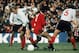 LONDON - AUGUST 8: George Best of Manchester United finds no way past the Fulham defence during a Pre-Season Friendly match between Fulham and Manchester United held on August 8, 1971 at Craven Cottage, in London. (Photo by Getty Images)