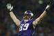 Minnesota Vikings defensive end Jared Allen celebrates after sacking Pittsburgh Steelers quarterback Ben Roethlisberger during the first half of their NFL football game at Wembley Stadium, London, Sunday,Sept. 29, 2013. (AP Photo/Matt Dunham)