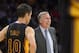 Los Angeles Lakers head coach Mike D'Antoni, right, yells at referees as guard Steve Nash looks on during the second half of an NBA basketball game against the Washington Wizards, Friday, March 21, 2014, in Los Angeles. The Wizards won 117-107. (AP Photo/Mark J. Terrill)