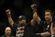 Feb 22, 2014; Las Vegas, NV, USA; Daniel Cormier (red gloves) celebrates his victory of Pactrick Cummins (not pictured) after their UFC light heavyweight bout at Mandalay Bay. Cormier won by way of a TKO in the first round. Mandatory Credit: Stephen R. Sylvanie-USA TODAY Sports