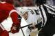 Pittsburgh Penguins center Evgeni Malkin (71) faces off against Detroit Red Wings center Joakim Andersson (18), of Sweden, in the first period of a NHL preseason hockey game in Detroit, Wednesday, Sept. 25, 2013. (AP Photo/Paul Sancya)