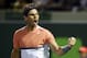 Mar 25, 2014; Miami, FL, USA; Rafael Nadal celebrates after his match against Fabio Fognini (not pictured) on day nine of the Sony Open at Crandon Tennis Center. Nadal won 6-2, 6-2. Mandatory Credit: Geoff Burke-USA TODAY Sports
