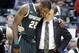 Michigan State head coach Tom Izzo, right, talks to Branden Dawson near the end of the second half of an NCAA college basketball game in the semifinals of the Big Ten Conference tournament Saturday, March 15, 2014, in Indianapolis. Michigan State won 83-75. (AP Photo/Kiichiro Sato)