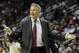 Philadelphia 76ers head coach Brett Brown questions an official's call during the second half of an NBA basketball game against the Houston Rockets, Thursday, March 27, 2014, in Houston. Houston won 120-98. (AP Photo/Bob Levey)