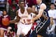 Indiana's Noah Vonleh (1) moves the ball around Penn State's Donovon Jack in the first half of an NCAA college basketball game Wednesday, Feb. 12, 2014, in Bloomington, Ind. (AP Photo/Doug McSchooler)