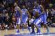 Kentucky's Alex Poythress and Aaron Harrison, right, celebrate after an NCAA Midwest Regional semifinal college basketball tournament game against the Louisville Saturday, March 29, 2014, in Indianapolis. Kentucky won 74-69. (AP Photo/David J. Phillip)