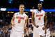 ORLANDO, FL - MARCH 22: Scottie Wilbekin #5 and Patric Young #4 of the Florida Gators celebrate after Wilbekin makes a three-pointer to end the first half against the Pittsburgh Panthers during the third round of the 2014 NCAA Men's Basketball Tournament at Amway Center on March 22, 2014 in Orlando, Florida. (Photo by Kevin C. Cox/Getty Images)